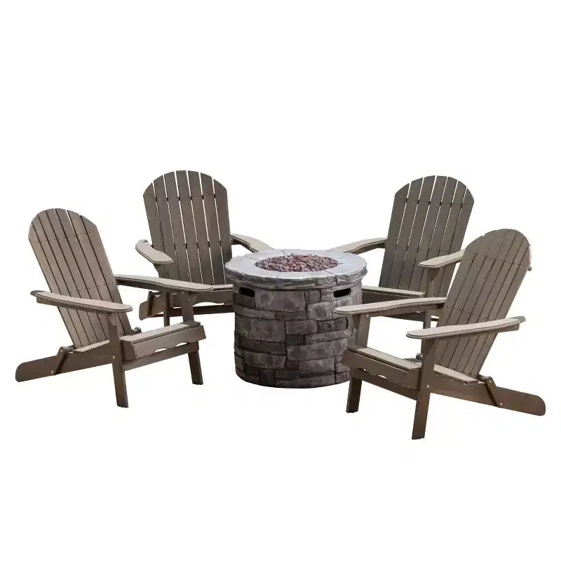 GDFStudio Jasper Outdoor Acacia Wood 5 Piece Adirondack Chair and Fire Pit Table Set