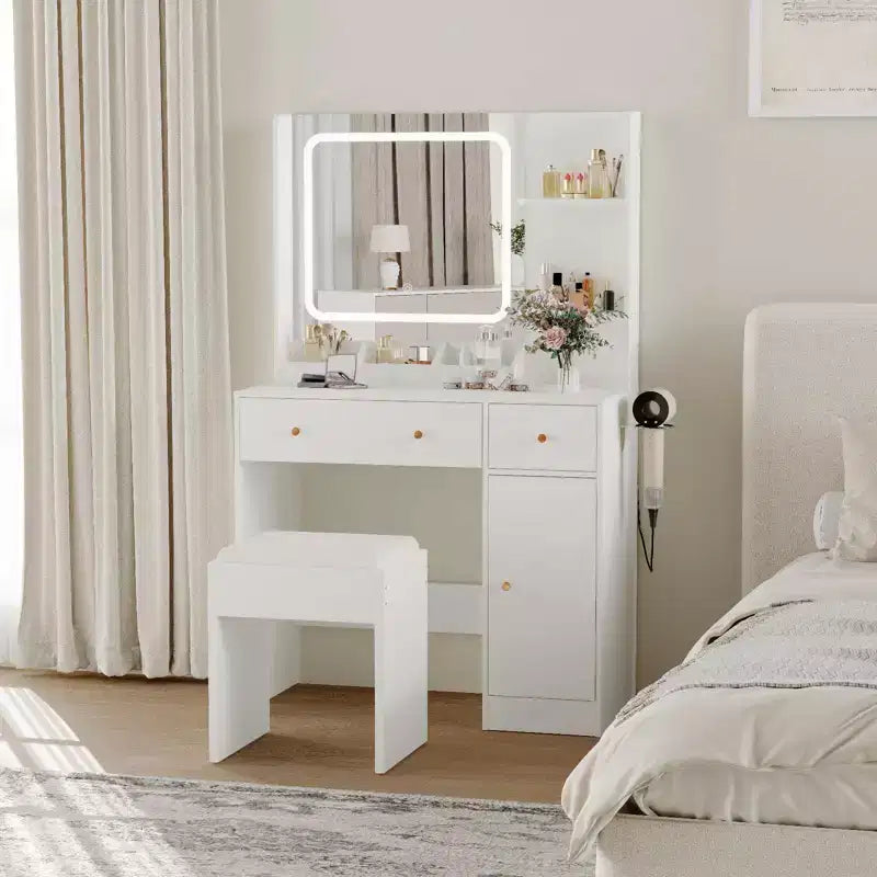 GustoWave Scrivania da trucco con specchio e luci, presa di corrente, set da toilette con sgabello, 3 modalità di illuminazione, luminosità regolabile, tavolo da trucco