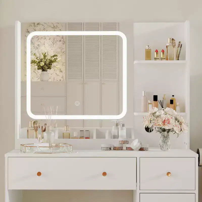 GustoWave Scrivania da trucco con specchio e luci, presa di corrente, set da toilette con sgabello, 3 modalità di illuminazione, luminosità regolabile, tavolo da trucco