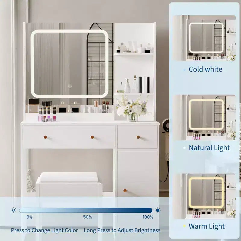 GustoWave Scrivania da trucco con specchio e luci, presa di corrente, set da toilette con sgabello, 3 modalità di illuminazione, luminosità regolabile, tavolo da trucco
