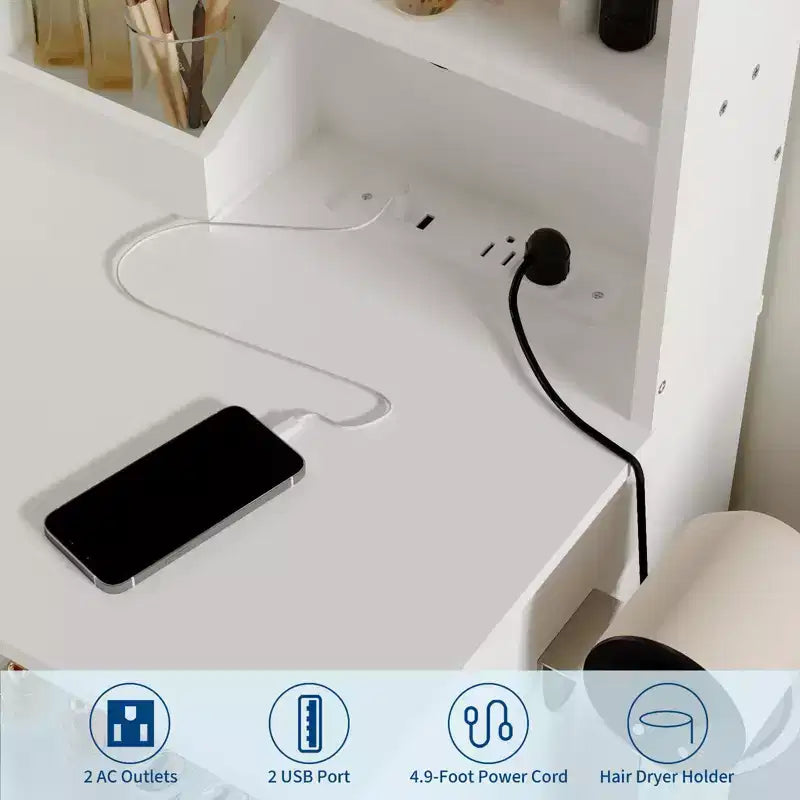 GustoWave Scrivania da trucco con specchio e luci, presa di corrente, set da toilette con sgabello, 3 modalità di illuminazione, luminosità regolabile, tavolo da trucco