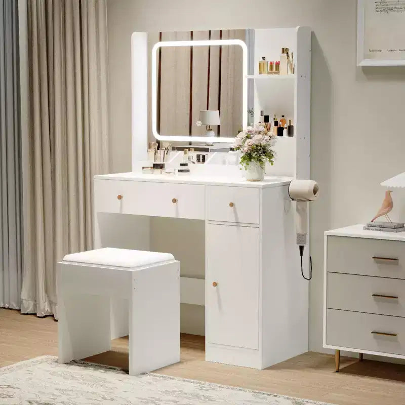 GustoWave Scrivania da trucco con specchio e luci, presa di corrente, set da toilette con sgabello, 3 modalità di illuminazione, luminosità regolabile, tavolo da trucco