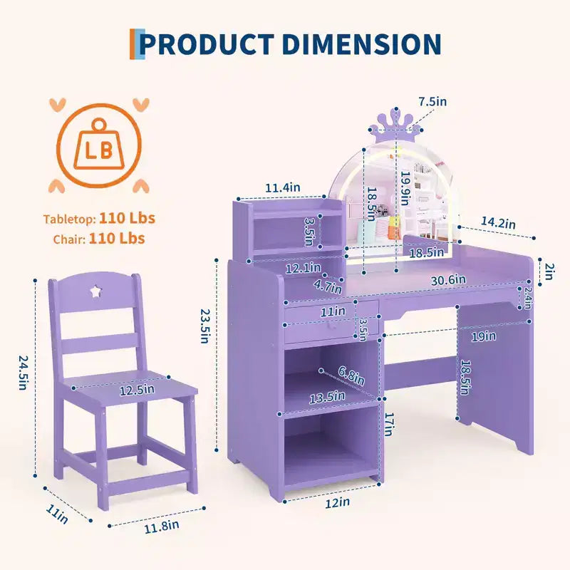 Tavolo e Sedia da Toeletta per Bambini con Specchio e Luci, Cassetto e Ripiani Aperti, Tavolo da Trucco in Legno per Bambine