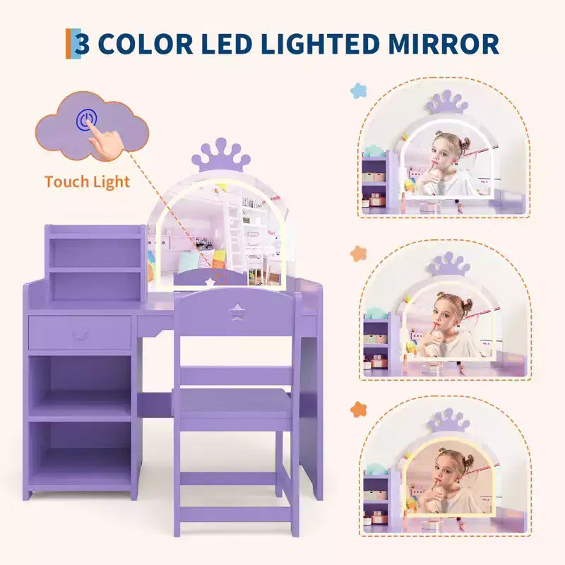 Tavolo e Sedia da Toeletta per Bambini con Specchio e Luci, Cassetto e Ripiani Aperti, Tavolo da Trucco in Legno per Bambine