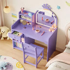 Tavolo e Sedia da Toeletta per Bambini con Specchio e Luci, Cassetto e Ripiani Aperti, Tavolo da Trucco in Legno per Bambine