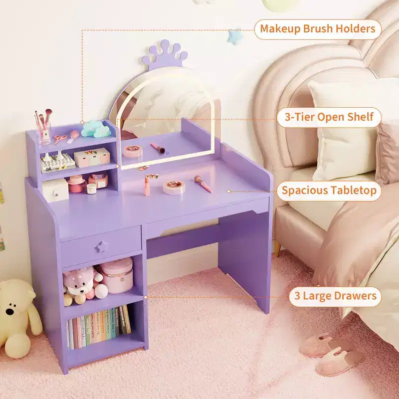 Tavolo e Sedia da Toeletta per Bambini con Specchio e Luci, Cassetto e Ripiani Aperti, Tavolo da Trucco in Legno per Bambine