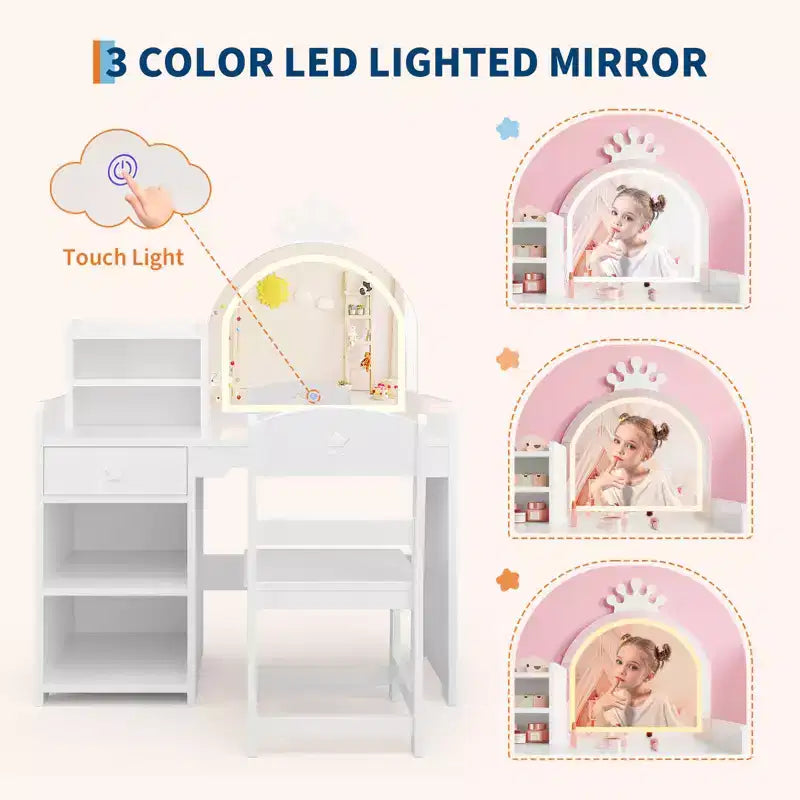 Tavolo e Sedia da Toeletta per Bambini con Specchio e Luci, Cassetto e Ripiani Aperti, Tavolo da Trucco in Legno per Bambine