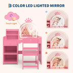 Tavolo e Sedia da Toeletta per Bambini con Specchio e Luci, Cassetto e Ripiani Aperti, Tavolo da Trucco in Legno per Bambine