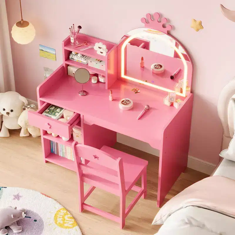 Tavolo e Sedia da Toeletta per Bambini con Specchio e Luci, Cassetto e Ripiani Aperti, Tavolo da Trucco in Legno per Bambine
