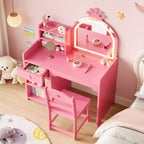 Tavolo e Sedia da Toeletta per Bambini con Specchio e Luci, Cassetto e Ripiani Aperti, Tavolo da Trucco in Legno per Bambine
