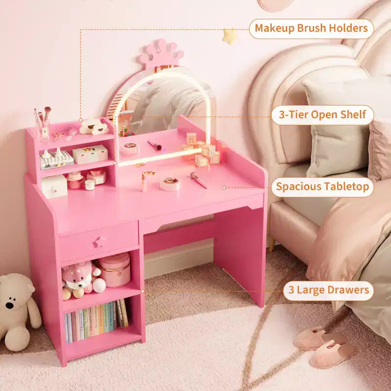Tavolo e Sedia da Toeletta per Bambini con Specchio e Luci, Cassetto e Ripiani Aperti, Tavolo da Trucco in Legno per Bambine