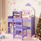 Tavolo e Sedia da Toeletta per Bambini con Specchio e Luci, Cassetto e Ripiani Aperti, Tavolo da Trucco in Legno per Bambine
