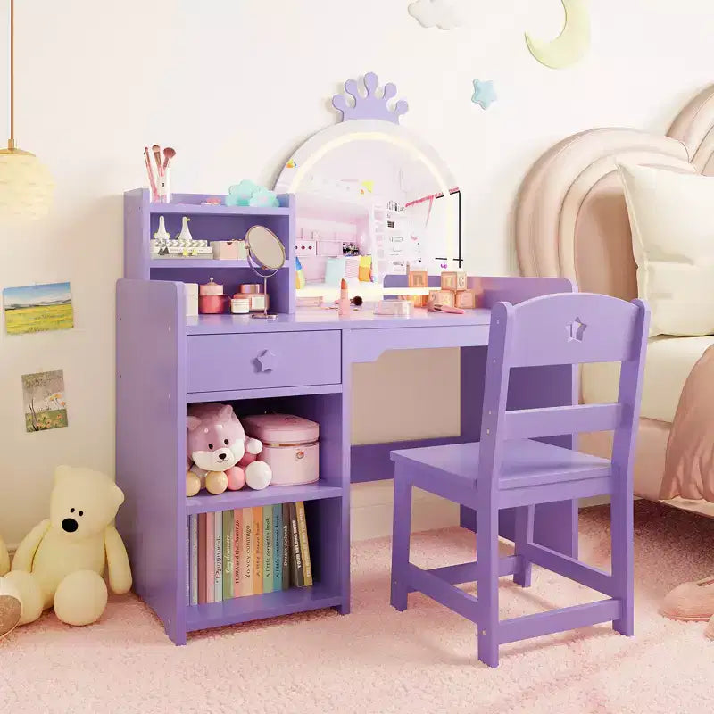Tavolo e Sedia da Toeletta per Bambini con Specchio e Luci, Cassetto e Ripiani Aperti, Tavolo da Trucco in Legno per Bambine