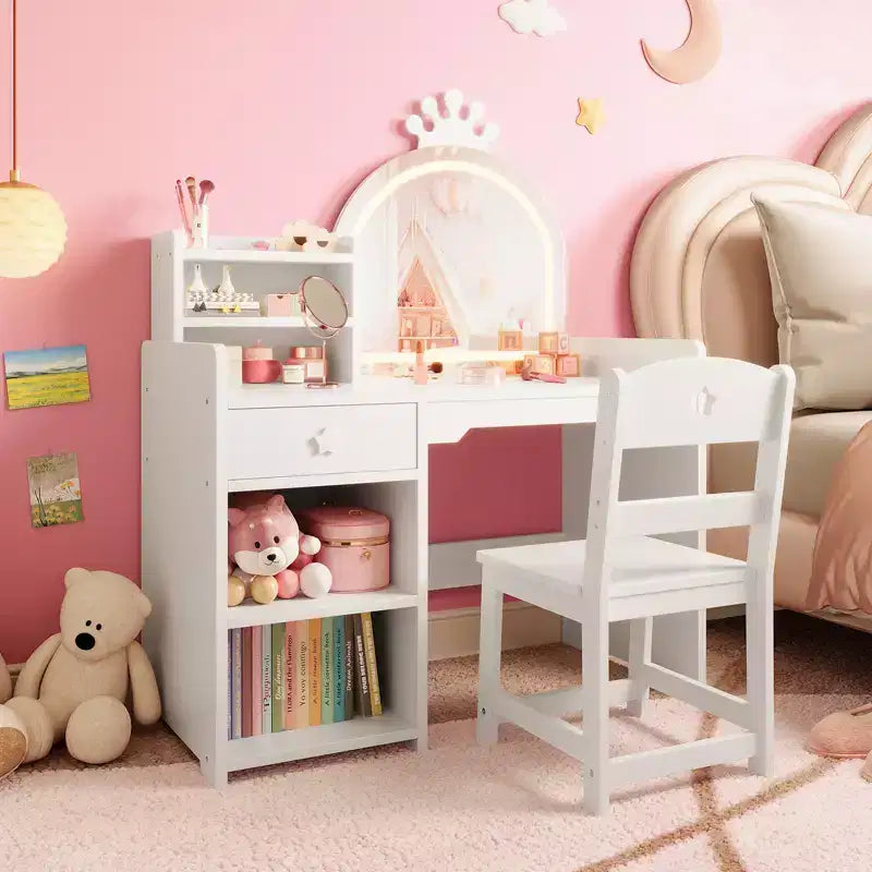 Tavolo e Sedia da Toeletta per Bambini con Specchio e Luci, Cassetto e Ripiani Aperti, Tavolo da Trucco in Legno per Bambine