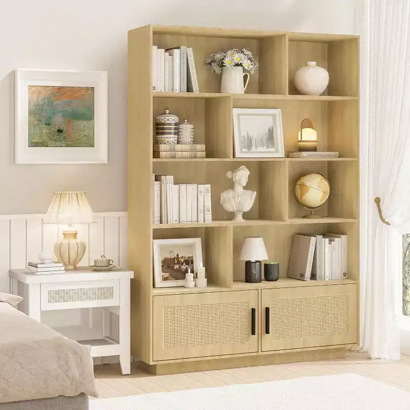 Acekool Rattan Bookshelf with Doors, 5-Tier Boho Farmhouse Storage Shelf, Enclosed Cabinet, Wooden Base, 63 Inch for Living Room Bedroom Office