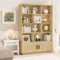 Acekool Rattan Bookshelf with Doors, 5-Tier Boho Farmhouse Storage Shelf, Enclosed Cabinet, Wooden Base, 63 Inch for Living Room Bedroom Office