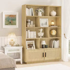Acekool Rattan Bookshelf with Doors, 5-Tier Boho Farmhouse Storage Shelf, Enclosed Cabinet, Wooden Base, 63 Inch for Living Room Bedroom Office
