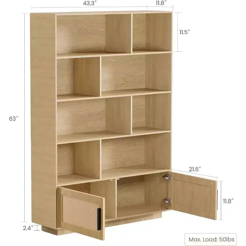 Libreria in Rattan Acekool con Ante, Scaffale portaoggetti in Stile Boho Rustico a 5 Ripiani, Mobile Contenitore Chiuso, Base in Legno, 160 cm per Soggiorno, Camera da Letto, Ufficio