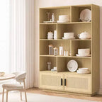 Libreria in Rattan Acekool con Ante, Scaffale portaoggetti in Stile Boho Rustico a 5 Ripiani, Mobile Contenitore Chiuso, Base in Legno, 160 cm per Soggiorno, Camera da Letto, Ufficio