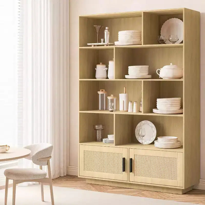 Libreria in Rattan Acekool con Ante, Scaffale portaoggetti in Stile Boho Rustico a 5 Ripiani, Mobile Contenitore Chiuso, Base in Legno, 160 cm per Soggiorno, Camera da Letto, Ufficio