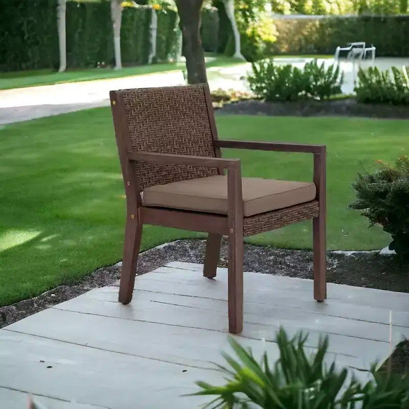 Courtyard Casual Bridgeport II Dining Arm Chair Stained Eucalyptus Wood Knock Down Packing Cushion Packed in Box but Priced Seperaely
