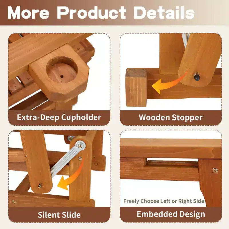 Karl Home | Sedia a dondolo per esterni in legno massello da 32 pollici con portabicchieri