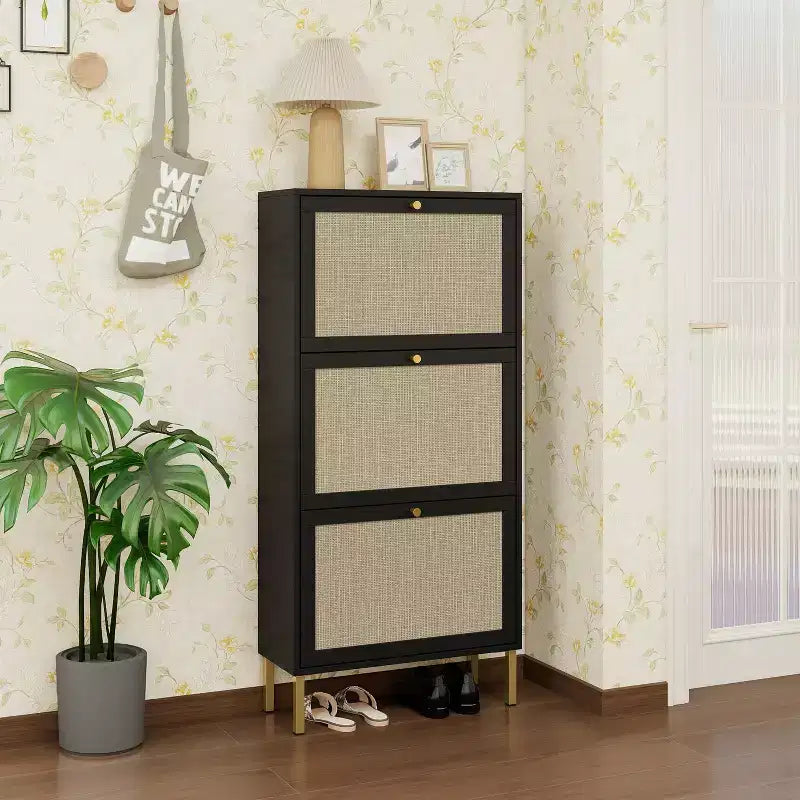 MAYEERTY Scarpiere in Rattan con 3 Ante, Scarpiera Moderna da Ingresso Nera