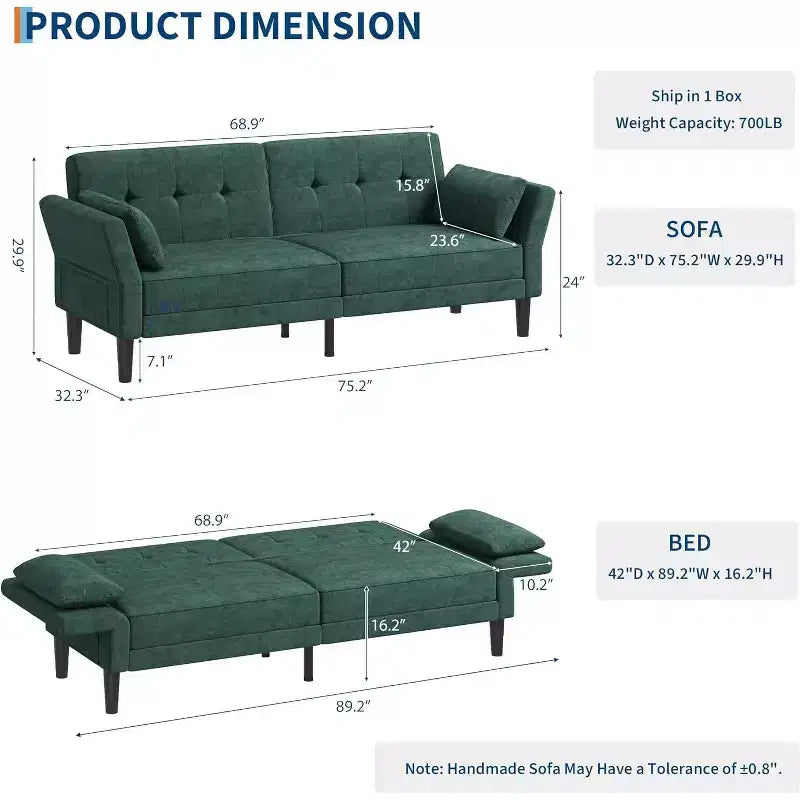 89 Chenille Futon Sofa Bed, Modern Convertible Sleeper Couch with Adjustable Backrest & Armrests, 3-Seat Sofa with 2 Pillows for Apartment