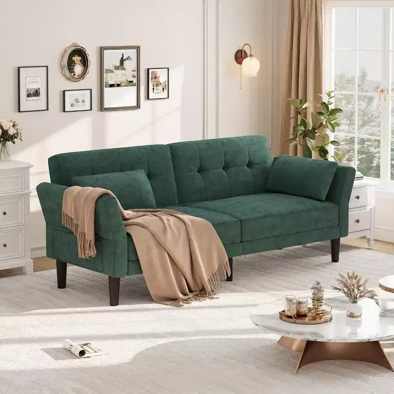 89 Chenille Futon Sofa Bed, Modern Convertible Sleeper Couch with Adjustable Backrest & Armrests, 3-Seat Sofa with 2 Pillows for Apartment