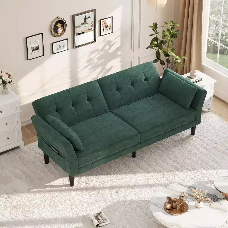 89 Chenille Futon Sofa Bed, Modern Convertible Sleeper Couch with Adjustable Backrest & Armrests, 3-Seat Sofa with 2 Pillows for Apartment