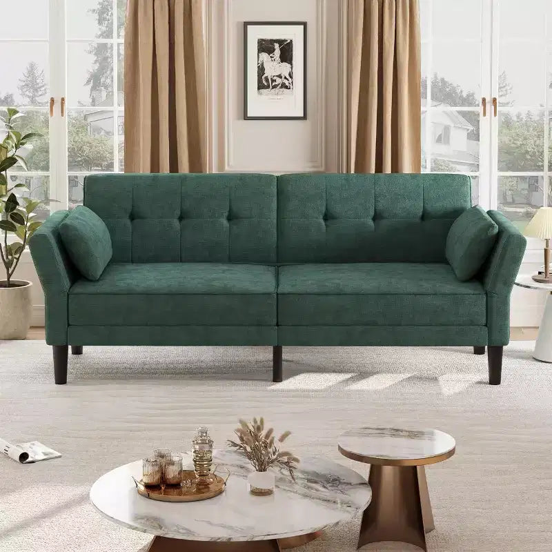 89 Chenille Futon Sofa Bed, Modern Convertible Sleeper Couch with Adjustable Backrest & Armrests, 3-Seat Sofa with 2 Pillows for Apartment