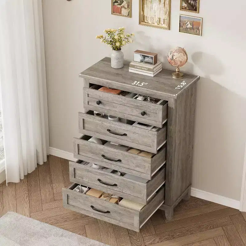 5 Dresser for Bedroom, 41.3 Tall Vertical Drawer Dresser with Large Storage, Freestanding Wooden Closet Chest for Bedroom, Living Room