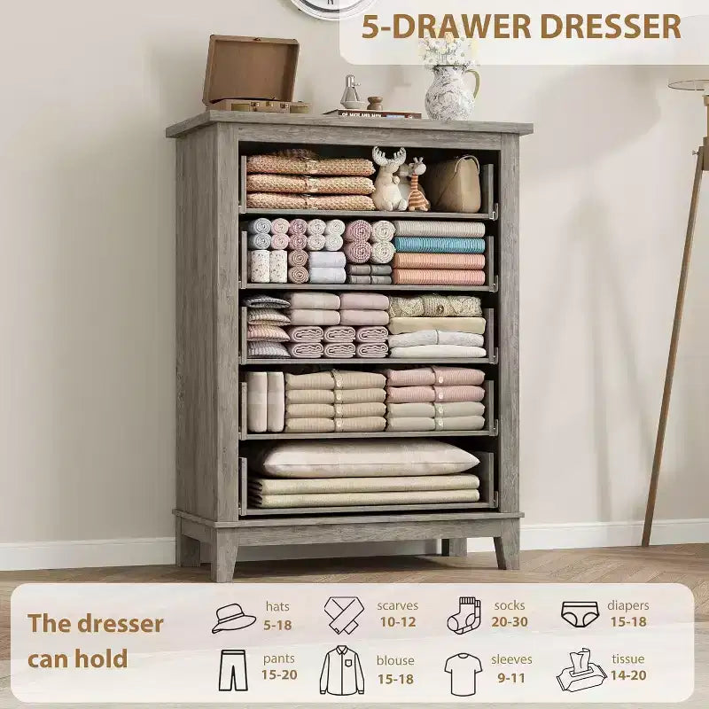 5 Dresser for Bedroom, 41.3 Tall Vertical Drawer Dresser with Large Storage, Freestanding Wooden Closet Chest for Bedroom, Living Room