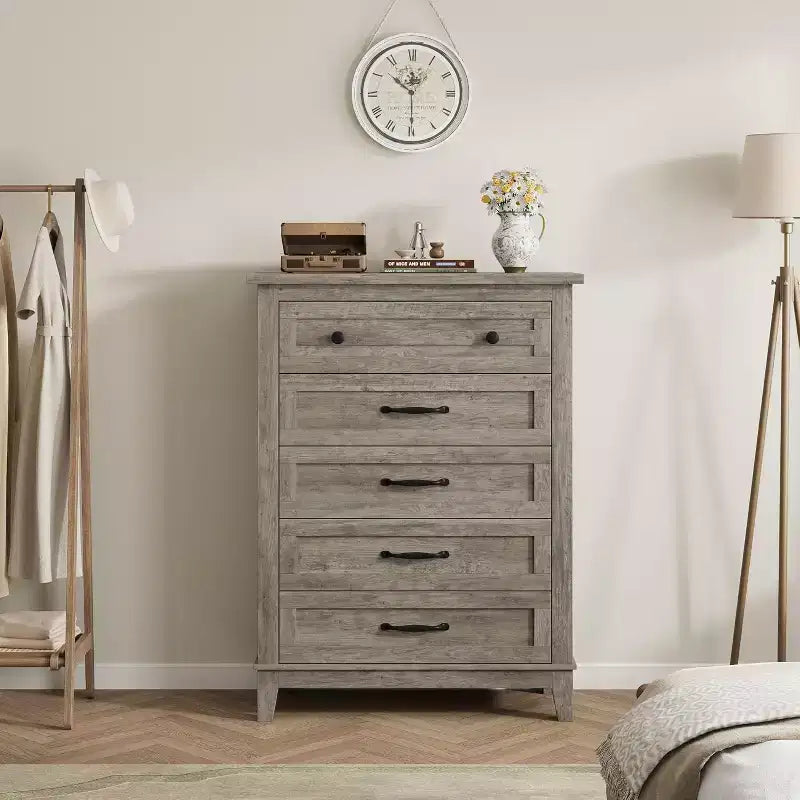 5 Dresser for Bedroom, 41.3 Tall Vertical Drawer Dresser with Large Storage, Freestanding Wooden Closet Chest for Bedroom, Living Room