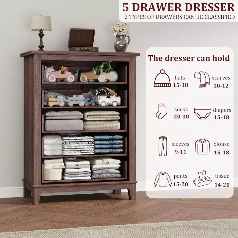 5 Dresser for Bedroom, 41.3 Tall Vertical Drawer Dresser with Large Storage, Freestanding Wooden Closet Chest for Bedroom, Living Room