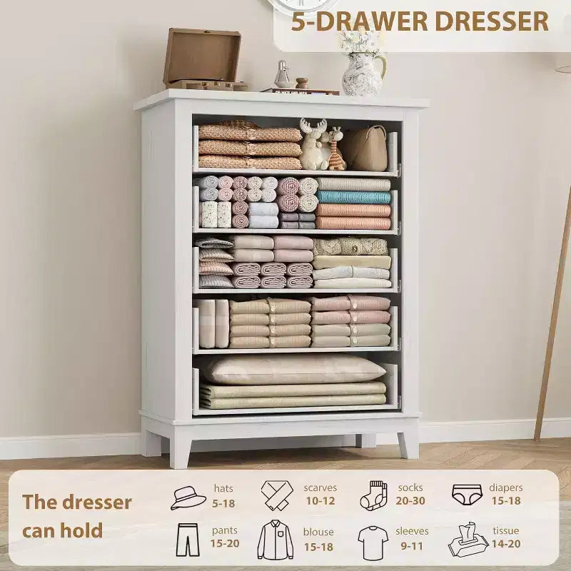 5 Dresser for Bedroom, 41.3 Tall Vertical Drawer Dresser with Large Storage, Freestanding Wooden Closet Chest for Bedroom, Living Room