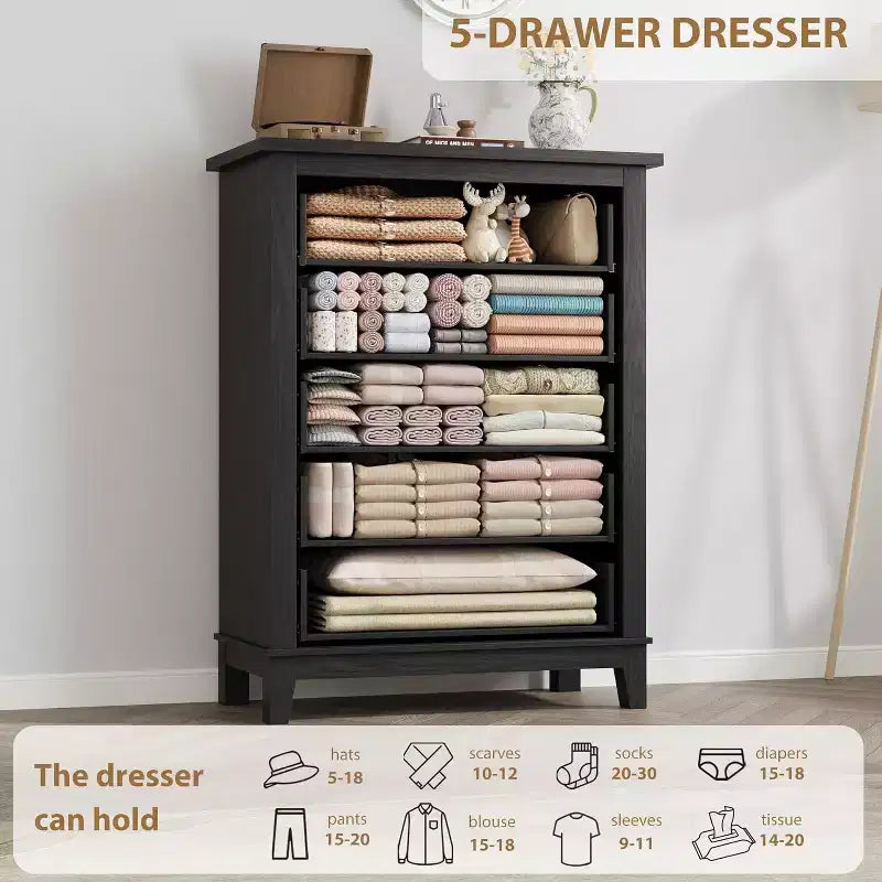 5 Dresser for Bedroom, 41.3 Tall Vertical Drawer Dresser with Large Storage, Freestanding Wooden Closet Chest for Bedroom, Living Room