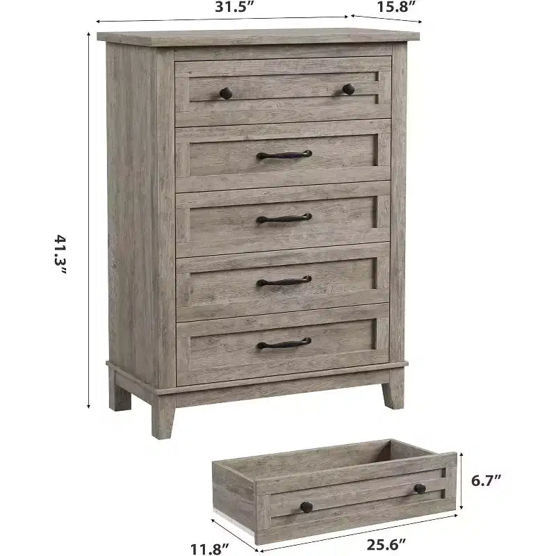 5 Dresser for Bedroom, 41.3 Tall Vertical Drawer Dresser with Large Storage, Freestanding Wooden Closet Chest for Bedroom, Living Room