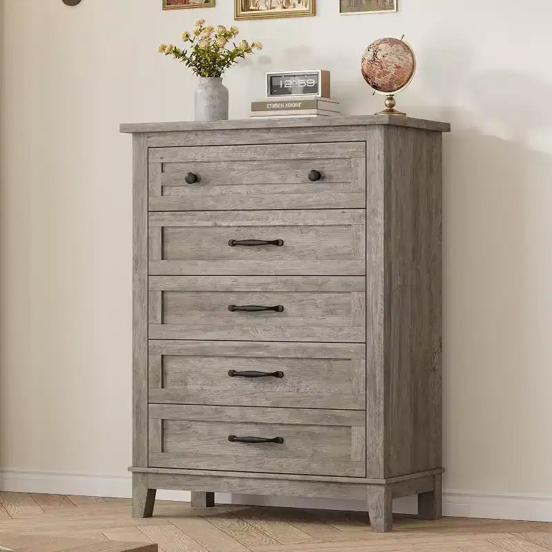 Comò da 5 cassetti per camera da letto, Comò verticale alto 105 cm con ampio spazio contenitivo, Cassettiera in legno indipendente per camera da letto, soggiorno