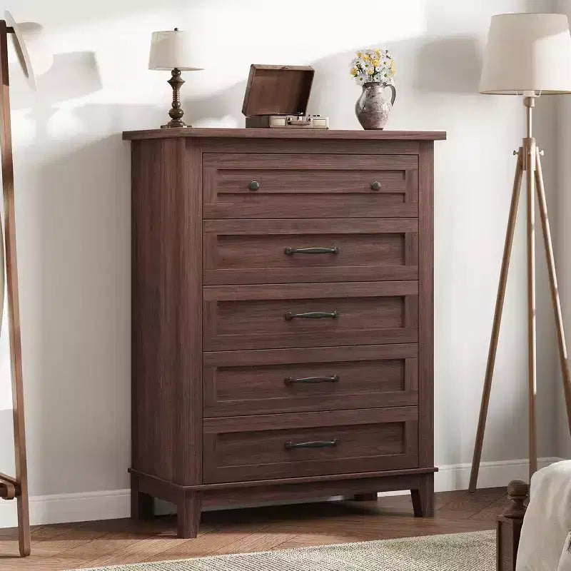 Comò da 5 cassetti per camera da letto, Comò verticale alto 105 cm con ampio spazio contenitivo, Cassettiera in legno indipendente per camera da letto, soggiorno