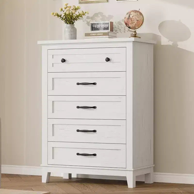 Comò da 5 cassetti per camera da letto, Comò verticale alto 105 cm con ampio spazio contenitivo, Cassettiera in legno indipendente per camera da letto, soggiorno