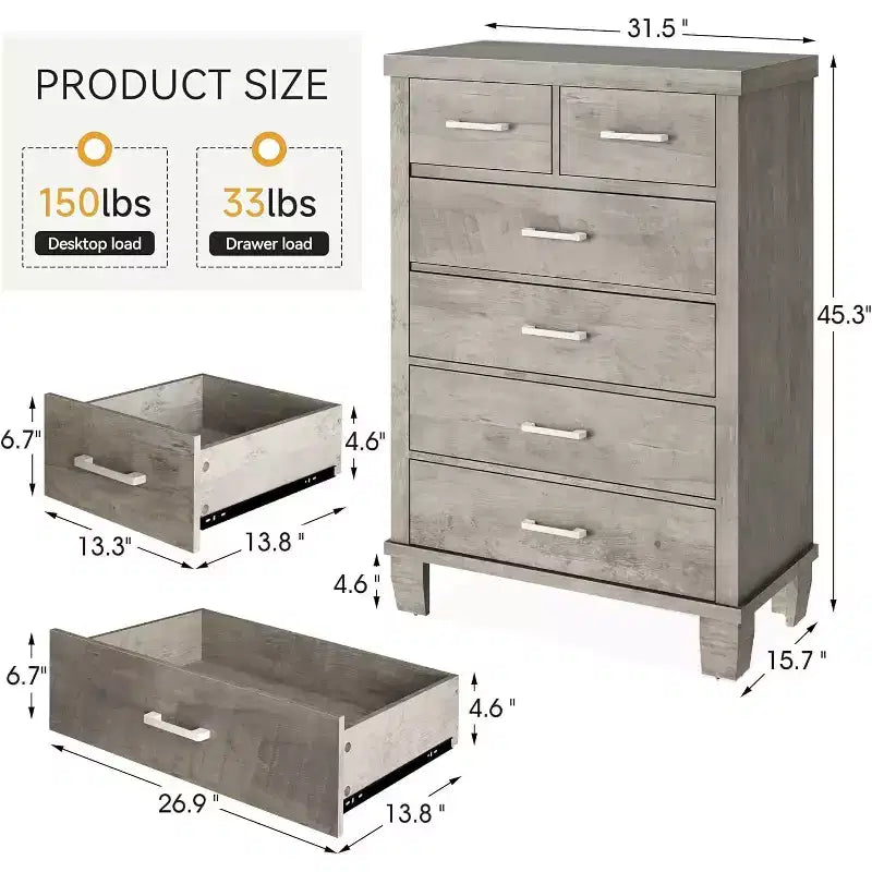 Cassettiera a 6 cassetti per camera da letto, cassettiera alta 45 cm grigia con contenitore, cassettiera in legno per armadio per camera da letto, soggiorno, ingresso