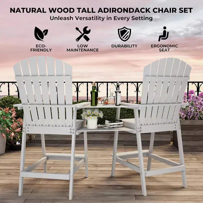 Outdoor Bar Height Adirondack Chairs with Connecting Tray, Balcony Chairs Adirondack for Deck, Backyard, Patio High AdirondackChairs Set of 2