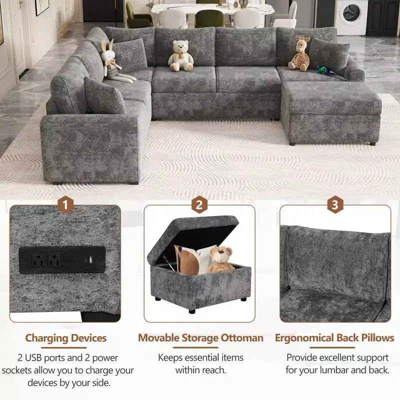 CLIHOME 112.2 Divano Sezionale Moderno con Letto Estraibile, Pouf Contenitore e Tre Cuscini