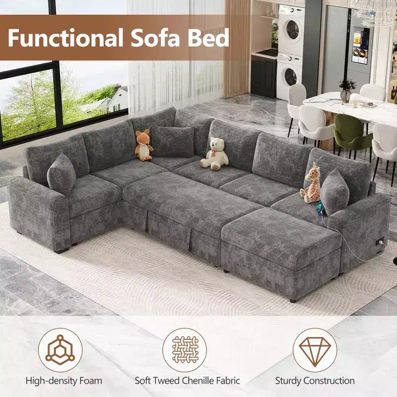 CLIHOME 112.2 Divano Sezionale Moderno con Letto Estraibile, Pouf Contenitore e Tre Cuscini