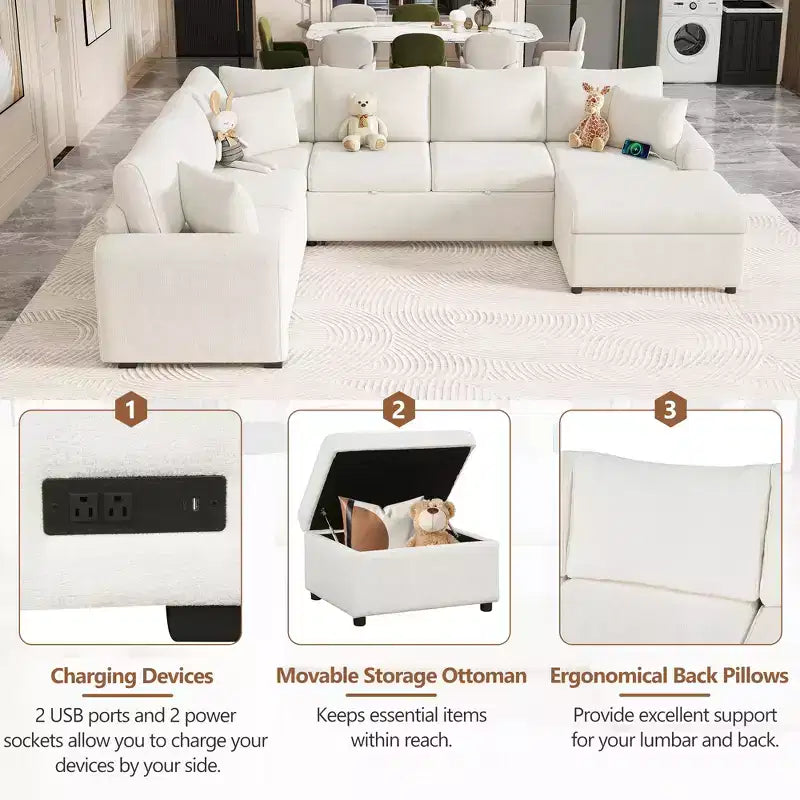 CLIHOME 112.2 Divano Sezionale Moderno con Letto Estraibile, Pouf Contenitore e Tre Cuscini