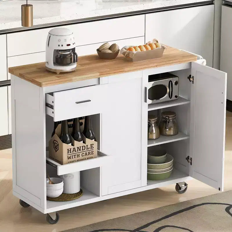 MAYEERTY Isola da Cucina con Piano Pieghevole Carrello da Cucina con Contenitore, Scaffale Estraibile, Portasciugamani e Cassetto, Carrello da Cucina su Ruote, Bianco