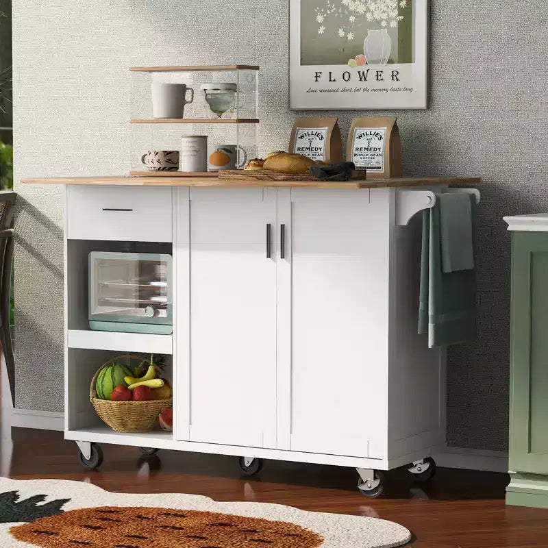 MAYEERTY Isola da Cucina con Piano Pieghevole Carrello da Cucina con Contenitore, Scaffale Estraibile, Portasciugamani e Cassetto, Carrello da Cucina su Ruote, Bianco