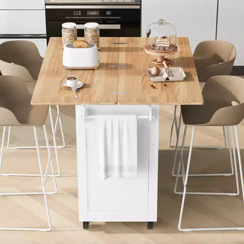 MAYEERTY Isola da Cucina con Piano Pieghevole Carrello da Cucina con Contenitore, Scaffale Estraibile, Portasciugamani e Cassetto, Carrello da Cucina su Ruote, Bianco