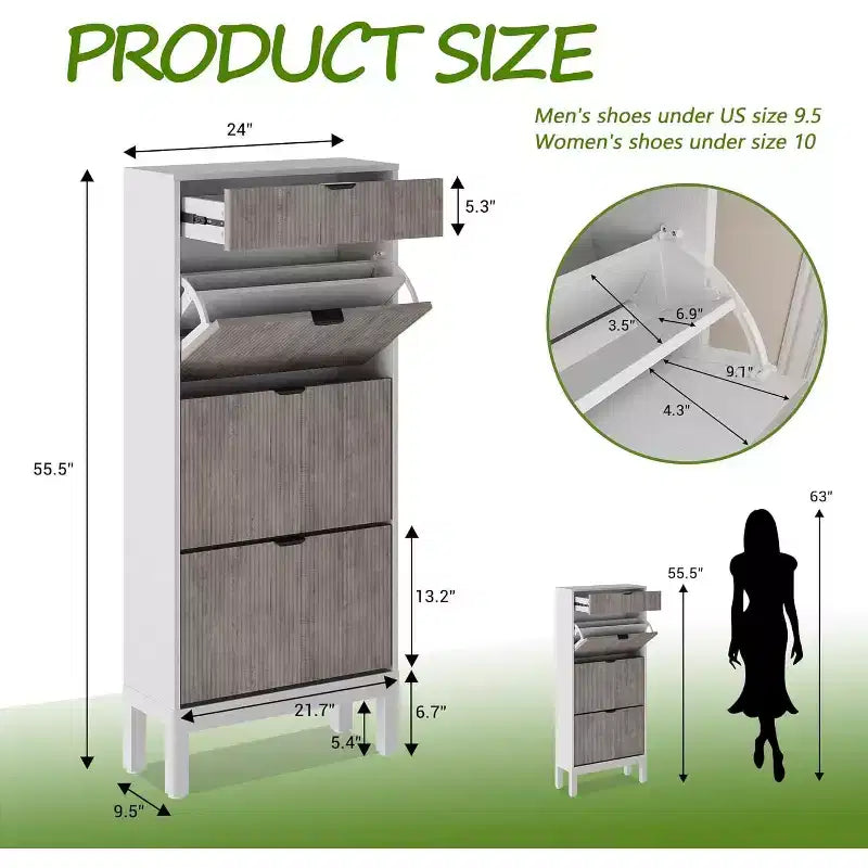 Farmhouse Fluted Shoe Storage Cabinet with 3 Flip Drawers, Slim Freestanding Narrow Shoe Organizer with Metal Legs